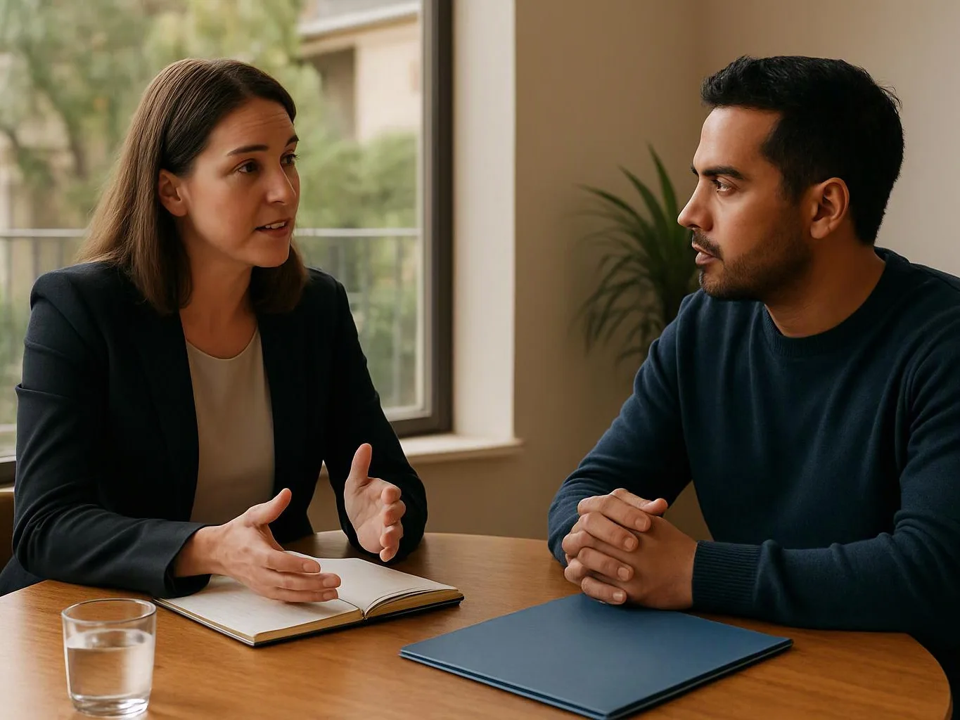 Two people sit at a table, talking across an open notebook and a closed folder in a bright room