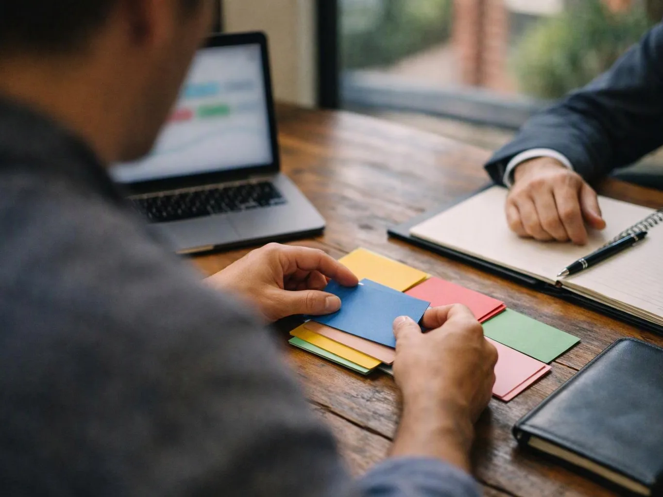 Two people sit at a wooden table, sorting colourful sticky notes beside a laptop and notebook