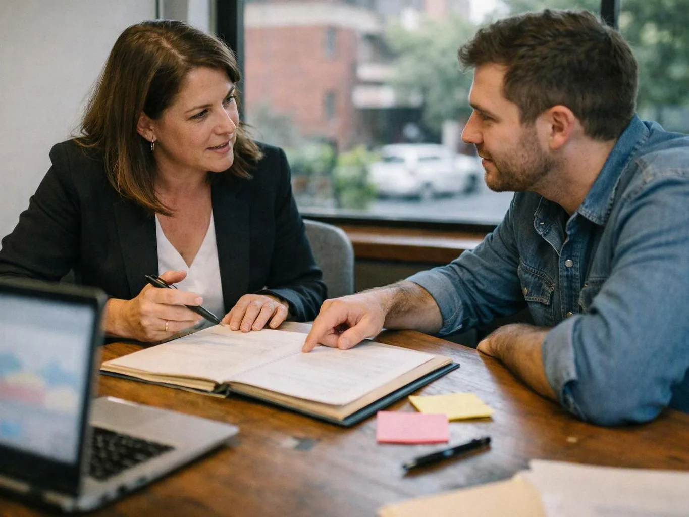 Two people sit at a wooden table, talking over an open notebook with a laptop and sticky notes nearby