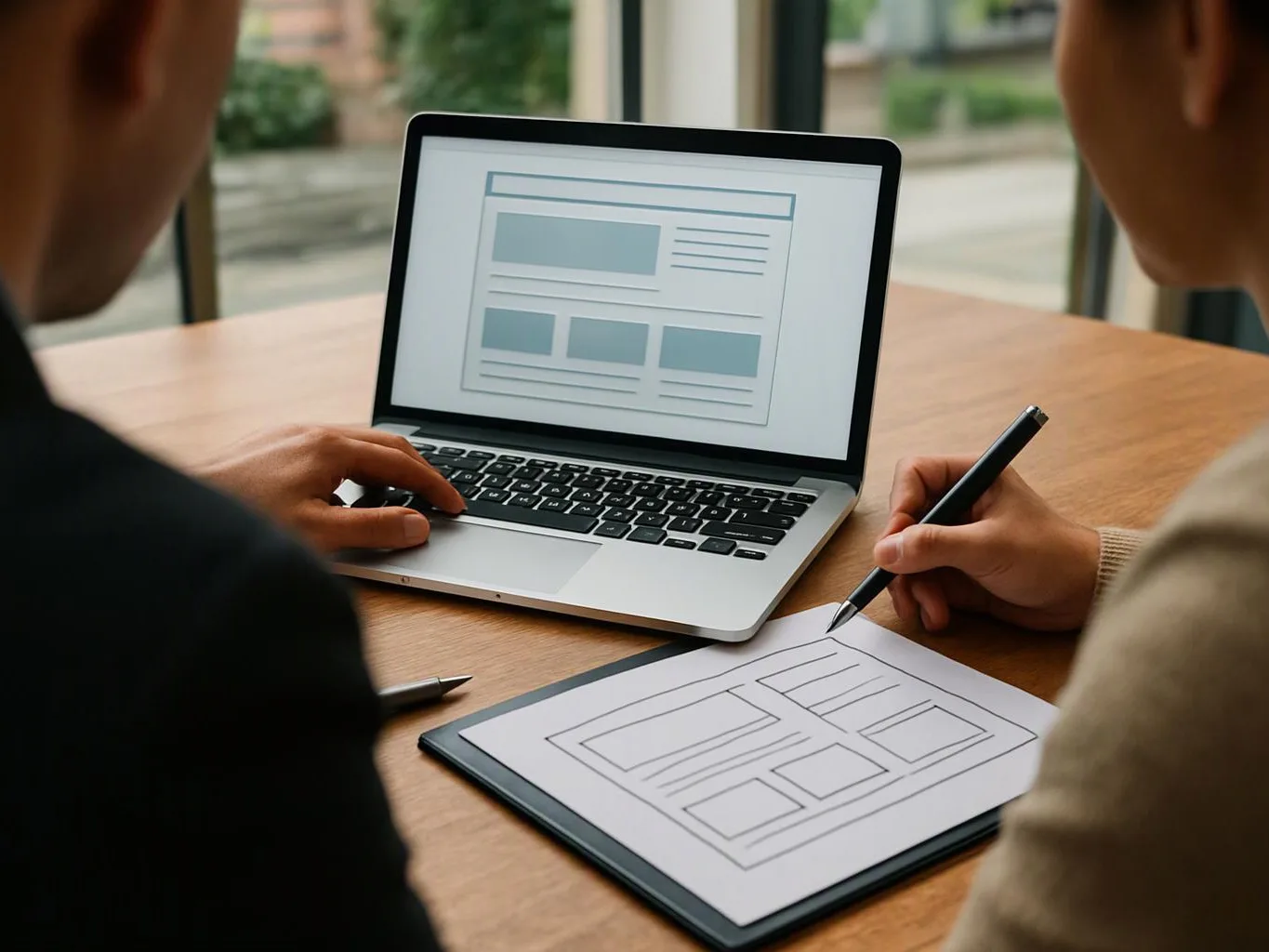 Two people sketch a website layout beside a laptop showing wireframe blocks on a wooden table