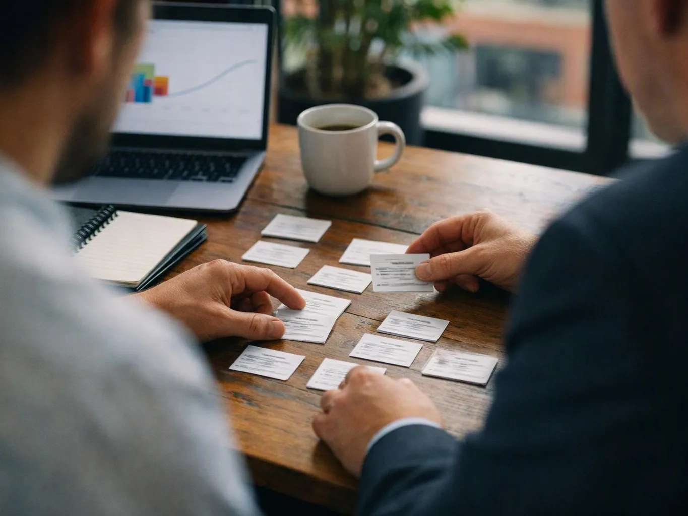 Two people sort business cards on a wooden table beside a laptop, notebook, and coffee mug