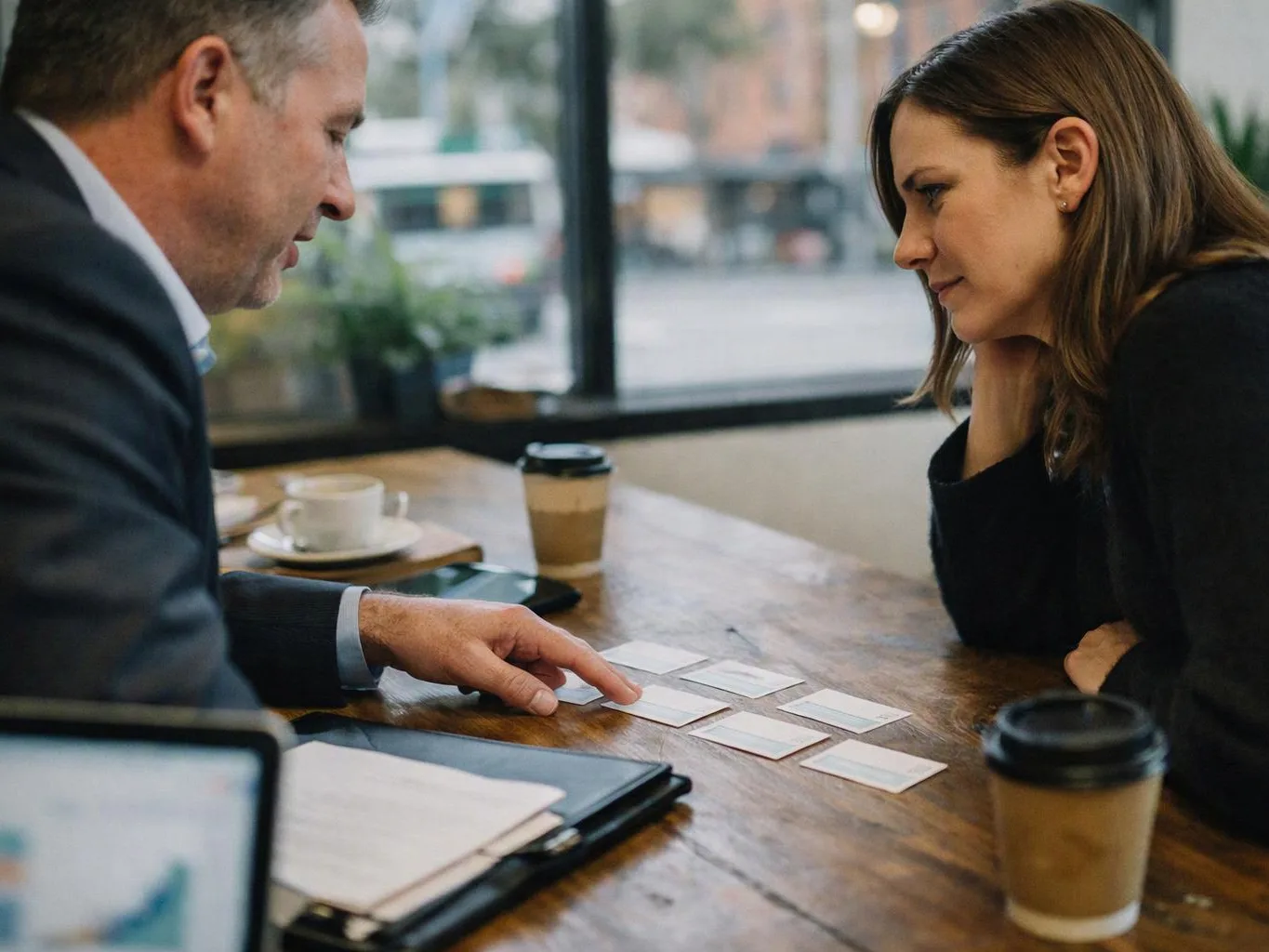 Two people study small cards on a wooden table in a bright cafe by the window