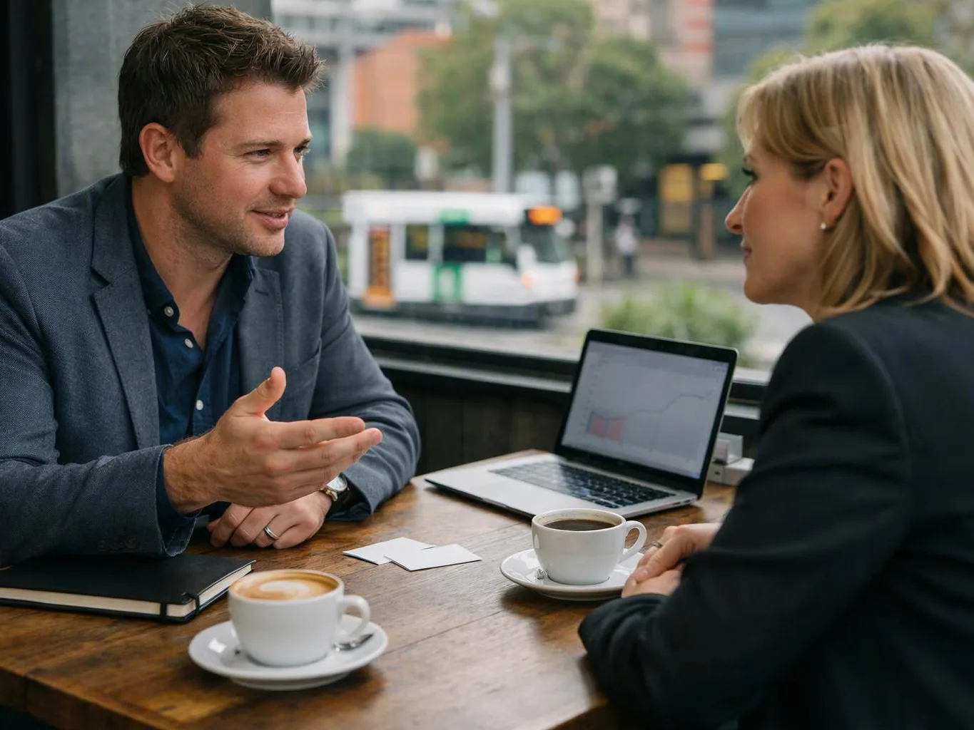 Two people talk at a cafe table with coffee cups, a laptop, and a city street outside the window