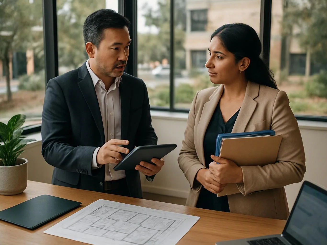 Two people talk over a desk with a floor plan, tablet, and laptop in a bright office room