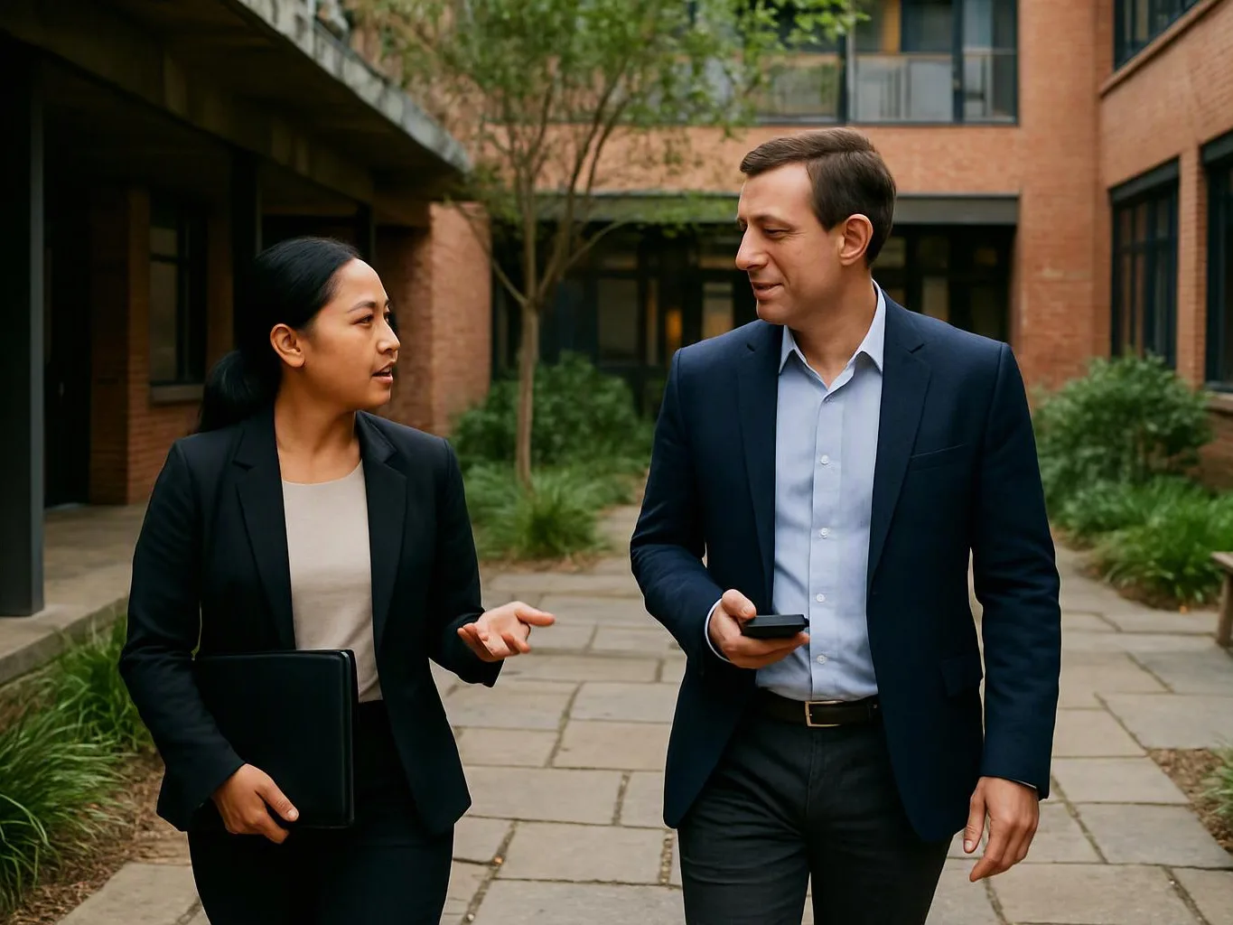 Two professionals walk and talk in a brick courtyard, one holding a folder and the other a phone