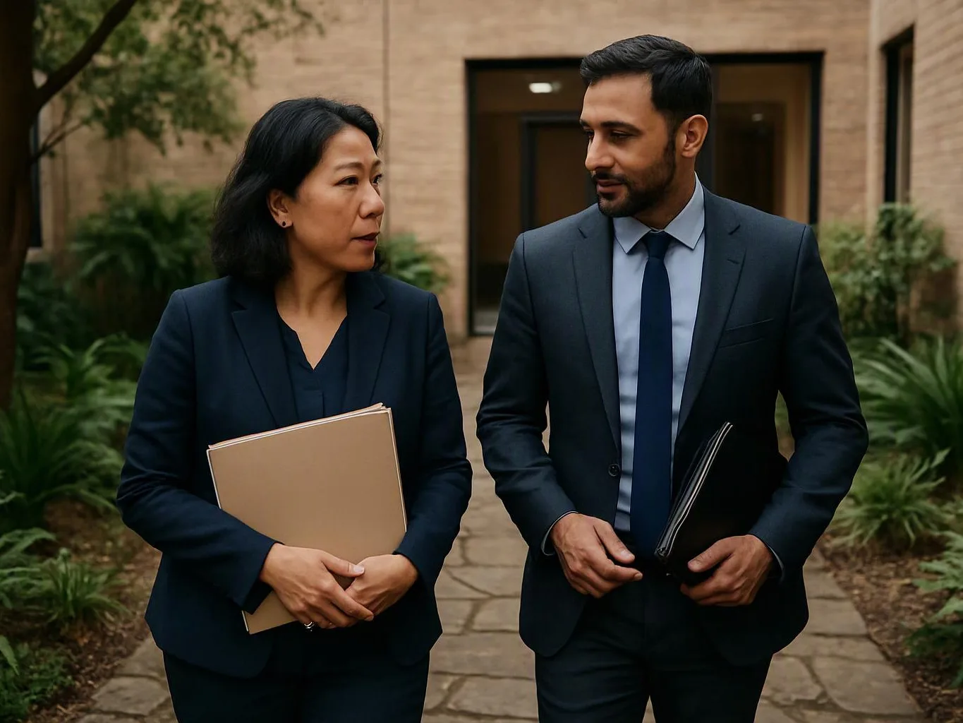 Two suited coworkers walk along a stone path outside a brick building, holding folders and talking